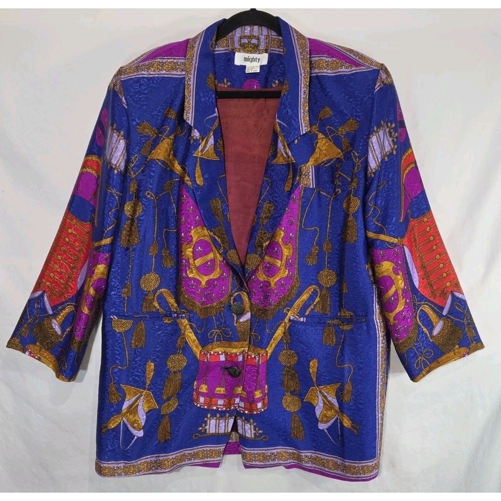 Mighty Baroque‎ Womens Blazer XL Blue Purple Gold Ornate Military Scarf Print